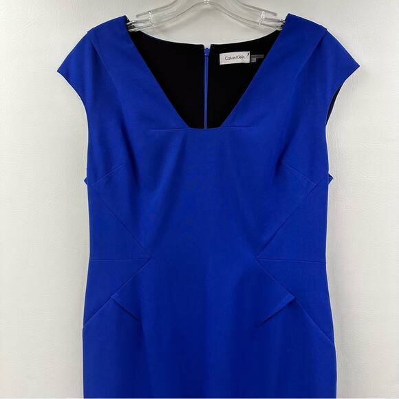 Calvin Klein Sheath Dress V Neck Back Zip Cap Sleeve Blue Career Size 10 - Picture 2 of 10